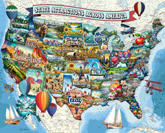 Springbok All American Attractions puzzle cover: vibrant USA map for family game night.