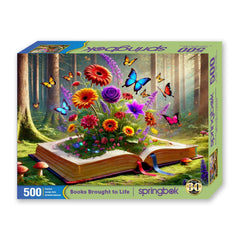 Springbok Books Brought to Life puzzle shows open book blooming into a garden, ideal for mindful escape