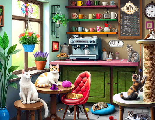Springbok Cat Cafe puzzle cover with kittens and mugs for relaxed evenings.