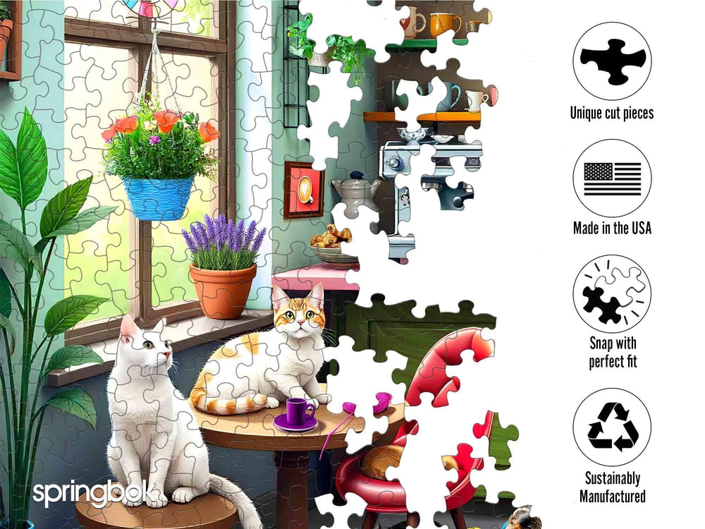 Springbok colorful mugs and cats in cafe puzzle image for vibrant puzzling.