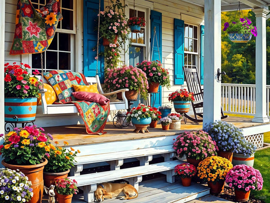 Springbok Front Porch 500-piece puzzle on a sunlit porch with colorful blooms, ideal for family evenings