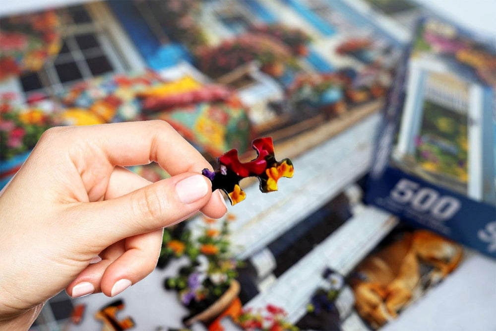 Springbok Front Porch potted flowers brighten the scene for uplifting puzzles