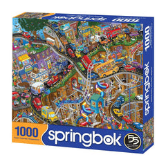 Springbok Getting Away illustration with trains and cars, perfect for evening focus