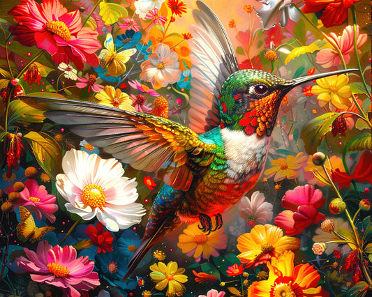 Springbok Hummingbird Dream in-flight hummingbird among vivid flowers for engaging, relaxing puzzle sessions.
