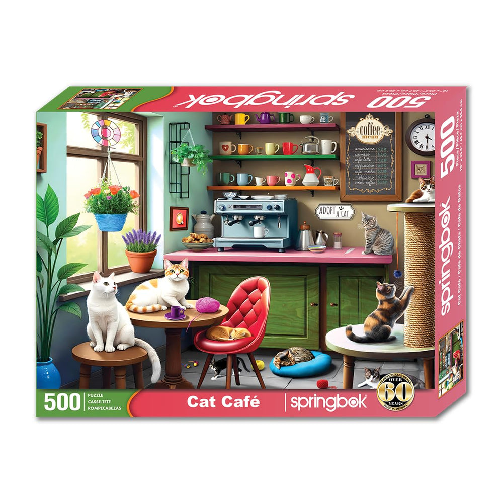 Springbok kittens in a cozy coffee shop puzzle scene for a charming challenge.