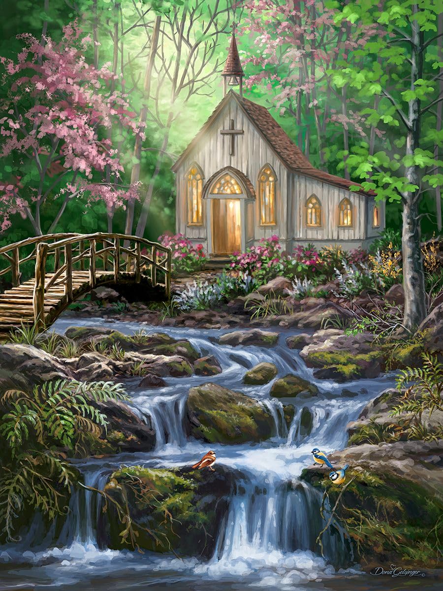 Springbok Peaceful Prayer puzzle woodland chapel promotes calm focus during evenings.