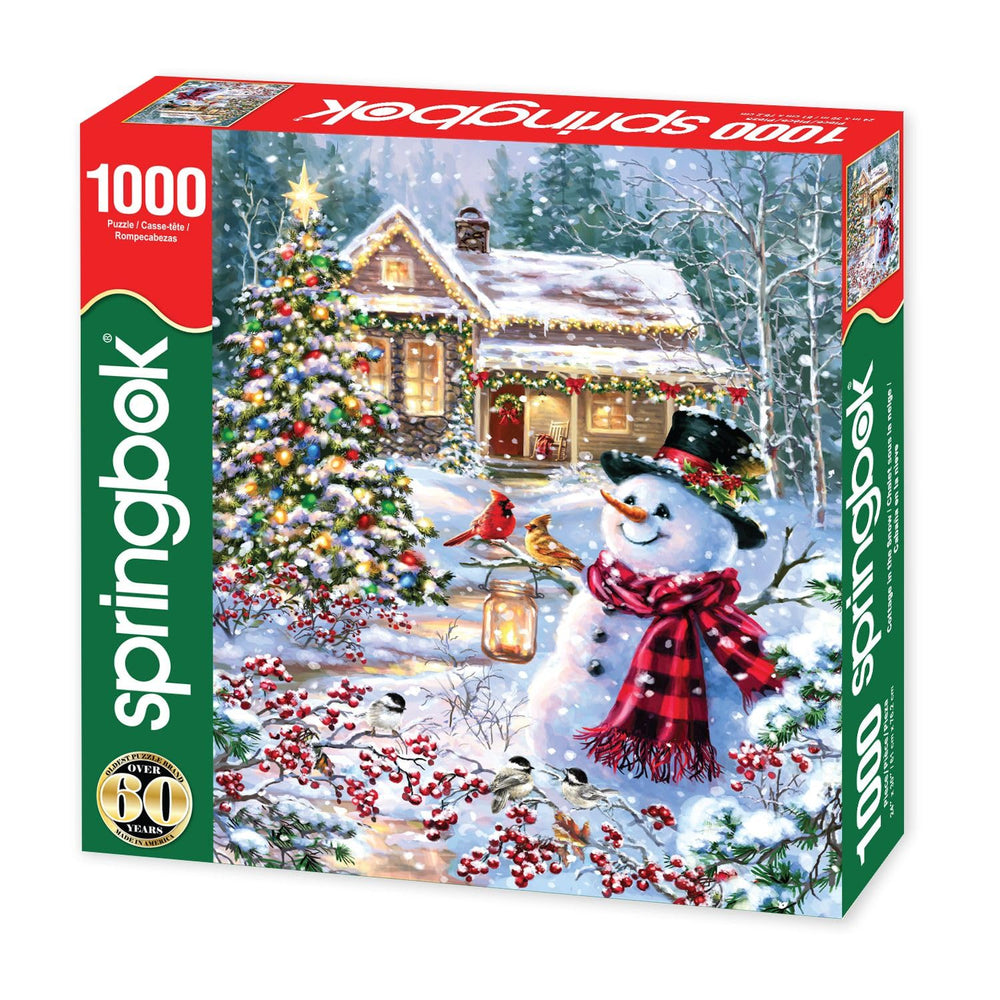Springbok snowman and cardinals scene puzzle, perfect for relaxed evenings and nostalgia