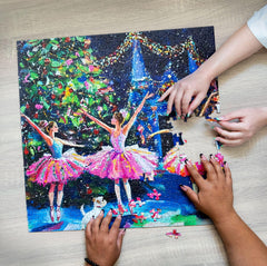 Puppy watching the Sugar Plum Fairies puzzle adds kid-friendly appeal