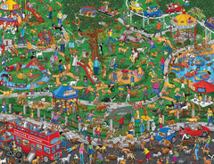 Springbok The Dog Park puzzle cover showing a vibrant canine scene for family game night.