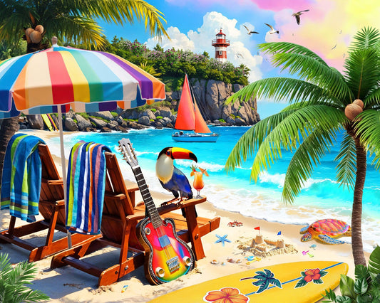Springbok Tropical Paradise puzzle shows colorful beach chairs under a striped umbrella, ideal for relaxing evenings.