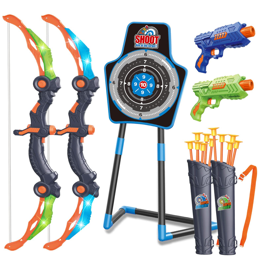 SpringFlower 2 Bow and Arrow Sets with LED lights for night-time practice and fun.