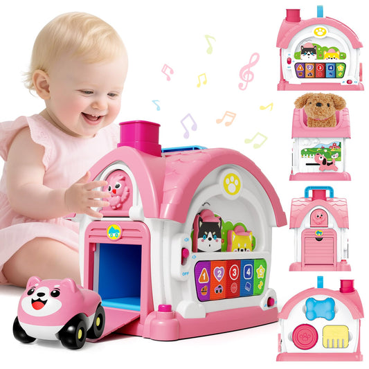 SpringFlower baby musical house with interactive play buttons supports fine motor skills.