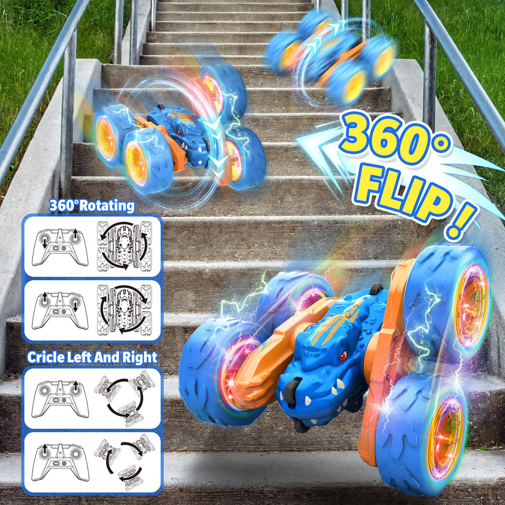 SpringFlower dinosaur RC car side view showing double-sided design for flips.