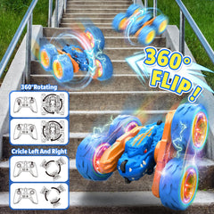SpringFlower dinosaur RC car side view showing double-sided design for flips.