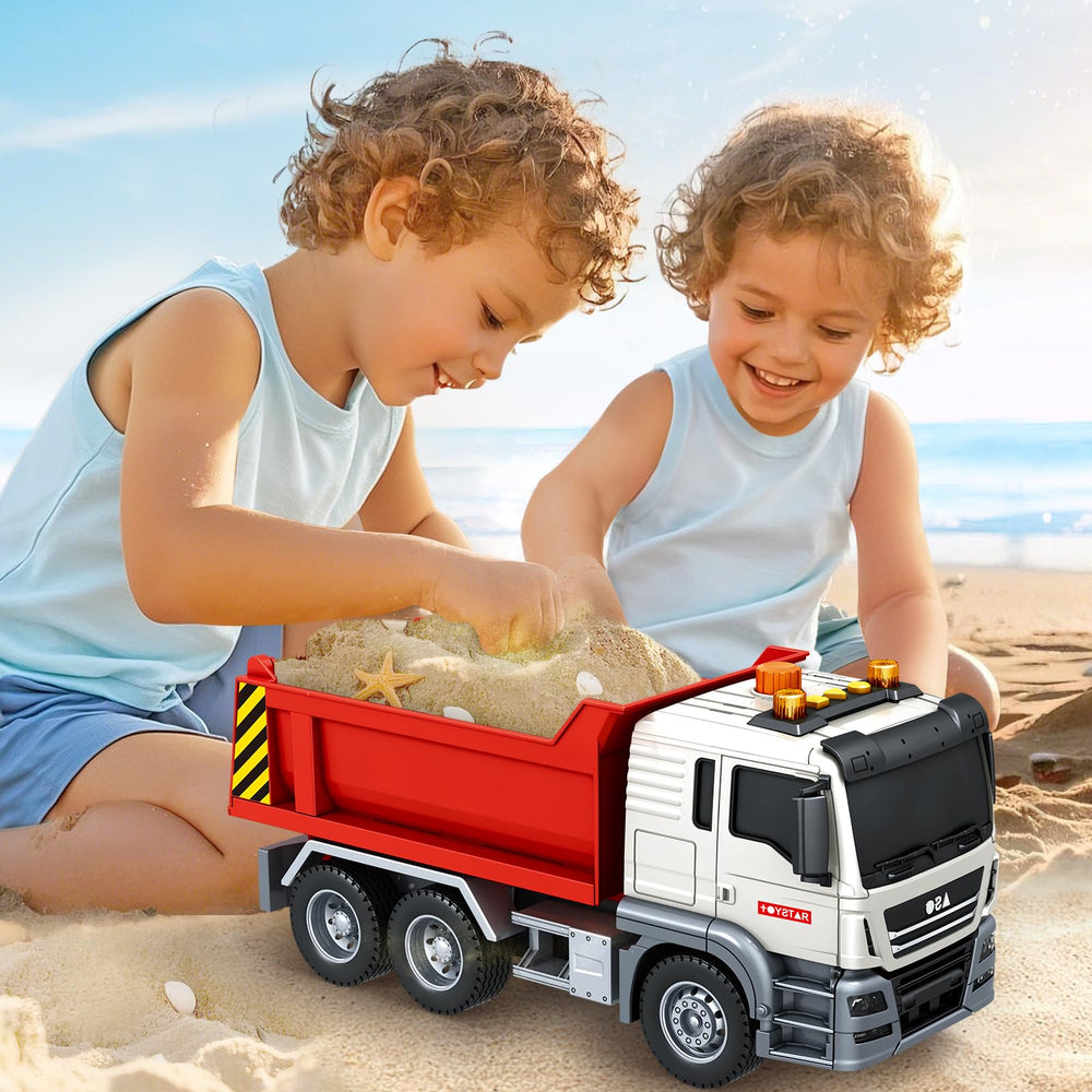 SpringFlower dump truck with a child demonstrates role-play and storytelling possibilities.
