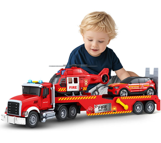 SpringFlower extra-large fire truck with racing car and helicopter for imaginative play