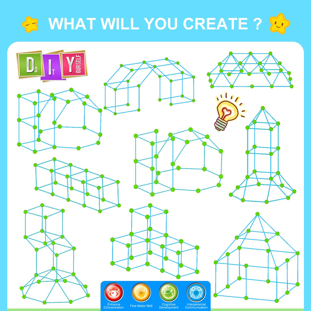 Child building a fort with SpringFlower kit, showcasing family-friendly teamwork.