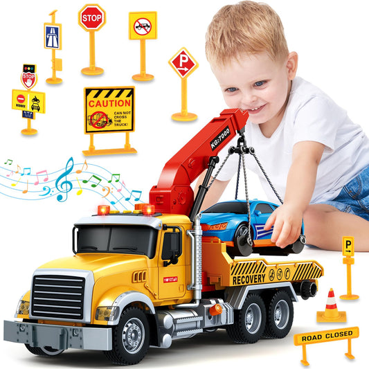 SpringFlower tow truck with crane extended for imaginative rescue play