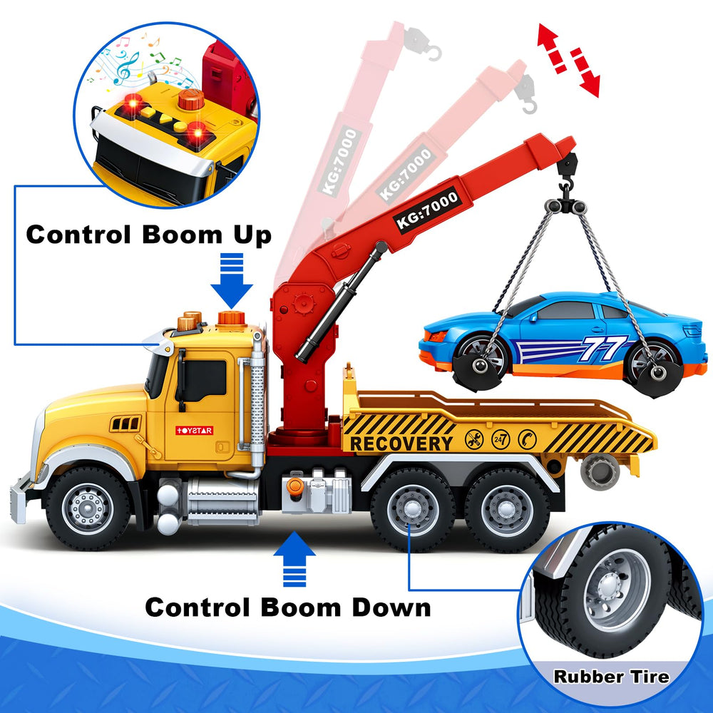 SpringFlower tow truck demonstrates crane rotation during pretend repairs