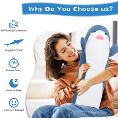 Sprinqdawin blue shark plush, soft fabric pillow for naps.
