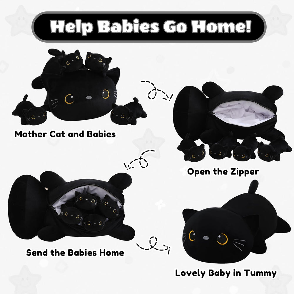 SQEQE cat family plush with four kittens, soft companions.
