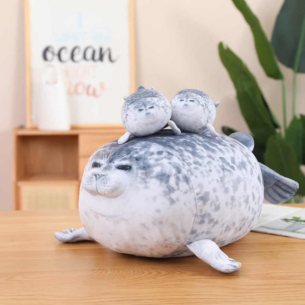 SQEQE Chubby Seal Pillow Plush shows zipper opening on tummy for easy baby seal removal.