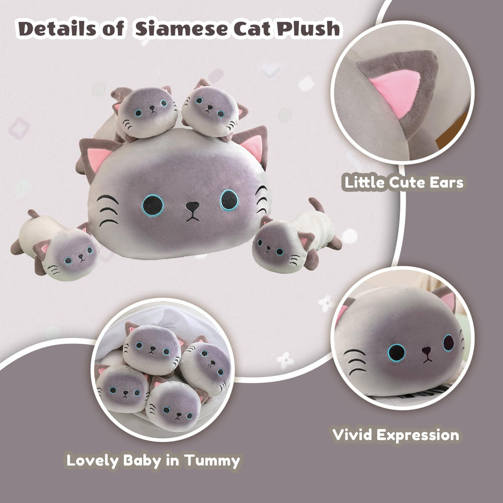 SQEQE Siamese cat plush tummy with four removable babies for imaginative play