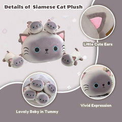 SQEQE Siamese cat plush tummy with four removable babies for imaginative play