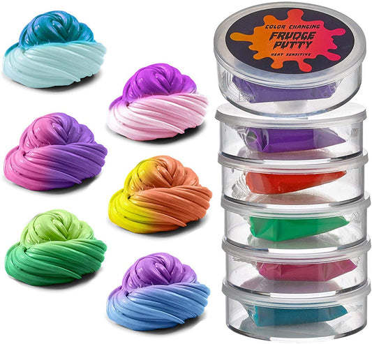 Squeeze Craft Color-Changing Frudge Putty 12-pack shows color shifts for sensory play and classroom rewards.