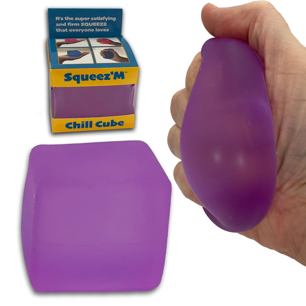Squeez'M Chill Cube purple front view for quiet desk focus during meetings.