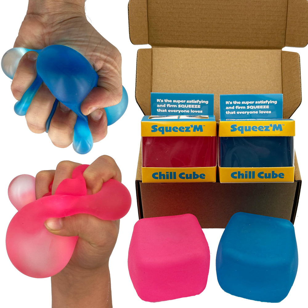 Squeez'M Chill Cubes blue and pink front view with dual textures for stress relief.
