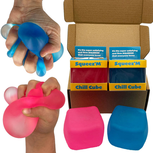 Squeez'M Chill Cubes blue and pink front view with dual textures for stress relief.