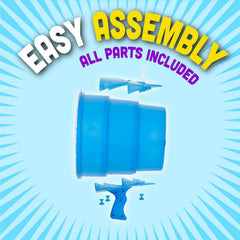 Squirrel Products AirZooka blue version held aloft, ideal for family games and office morale.