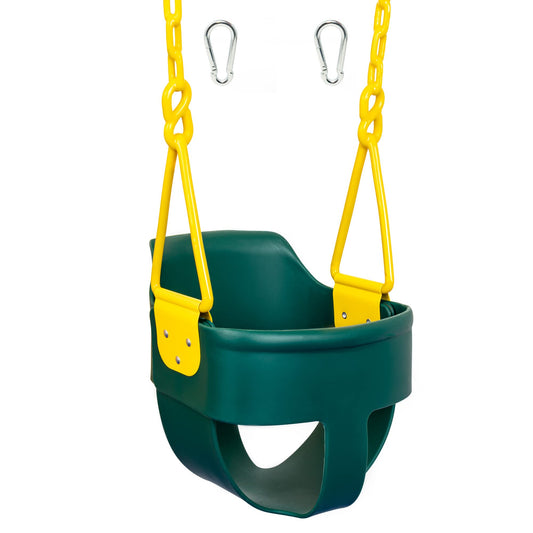 Squirrel Products premium high back bucket swing in green demonstrates ergonomic design