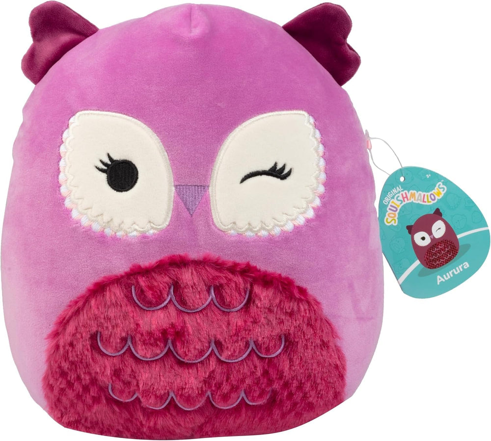 Squishmallows Aurora purple Christmas owl face plush for cozy hugs and holiday delight.
