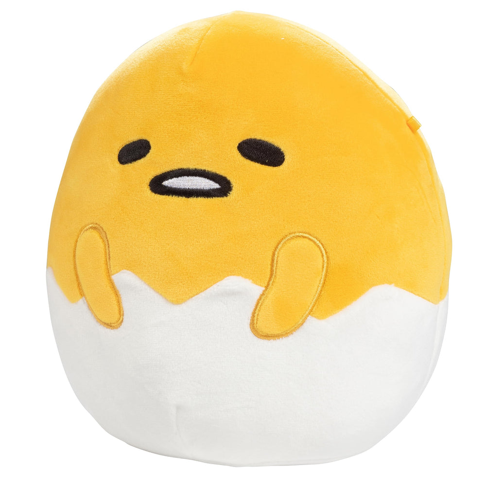 Close-up of Gudetama logo on Squishmallows plush for authentic design