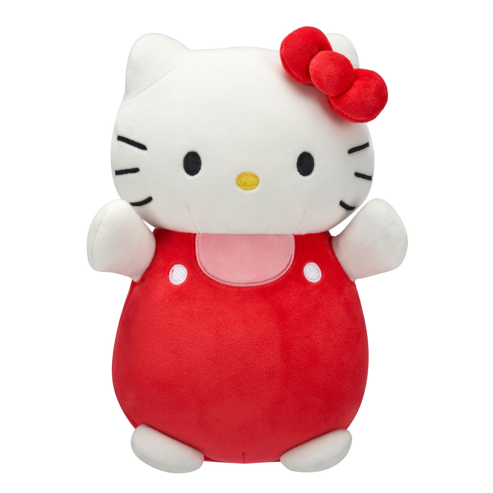 Squishmallows Hello Kitty overalls 10-inch plush for cozy hugs on the go.