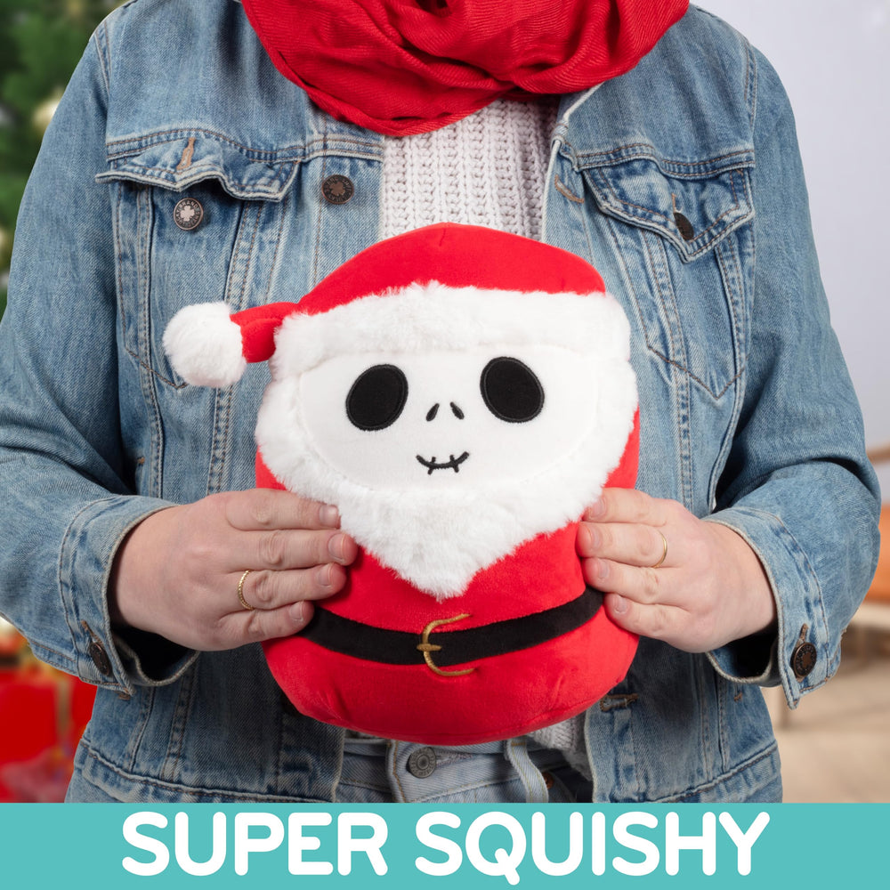 Squishmallows Jack Skellington Santa Claus cuddle-scene promotes comforting playtime.