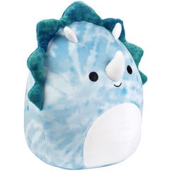 Squishmallows Jerome blue triceratops cuddle pose, ideal for travel-friendly comfort on trips