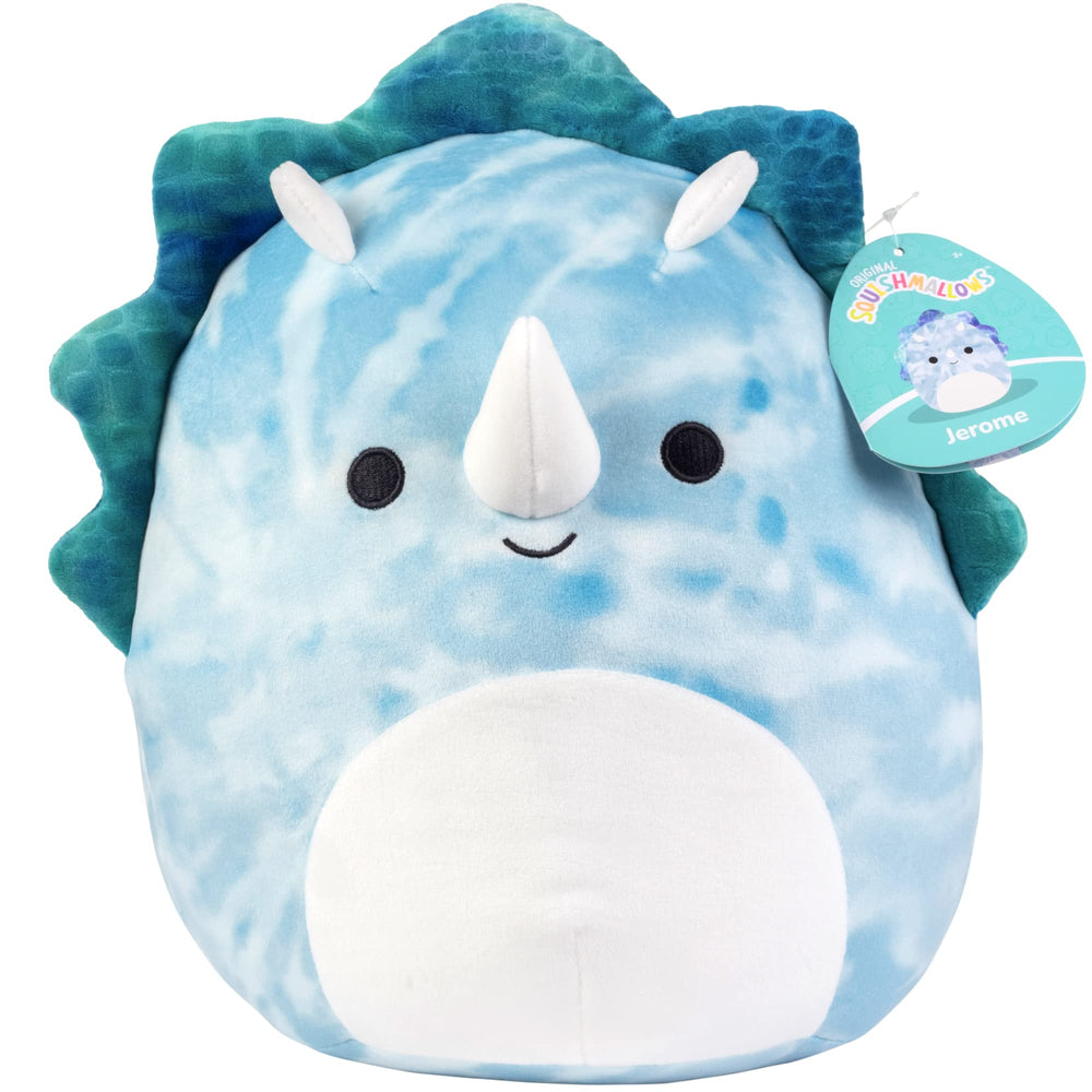 Squishmallows Jerome blue triceratops portrait, a soft cuddle buddy for kids