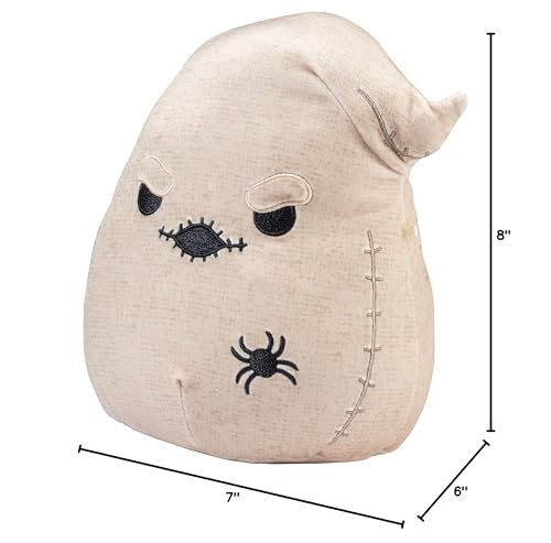 Squishmallows Oogie Boogie 8-inch with child, great for bedtime snuggles.