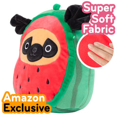 Squishmallows Prince Watermelon Pug closeup shows bright colors and a friendly face.