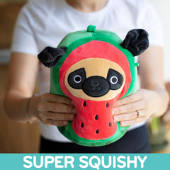 Squishmallows Prince Watermelon Pug soft texture highlights premium materials for gentle hugs.