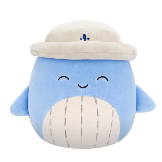 Squishmallows Samir blue whale with tan bucket hat for cozy play.