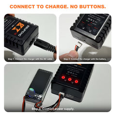 SSUPCHG easy-use charging setup connects AC cable and battery for quick charging.