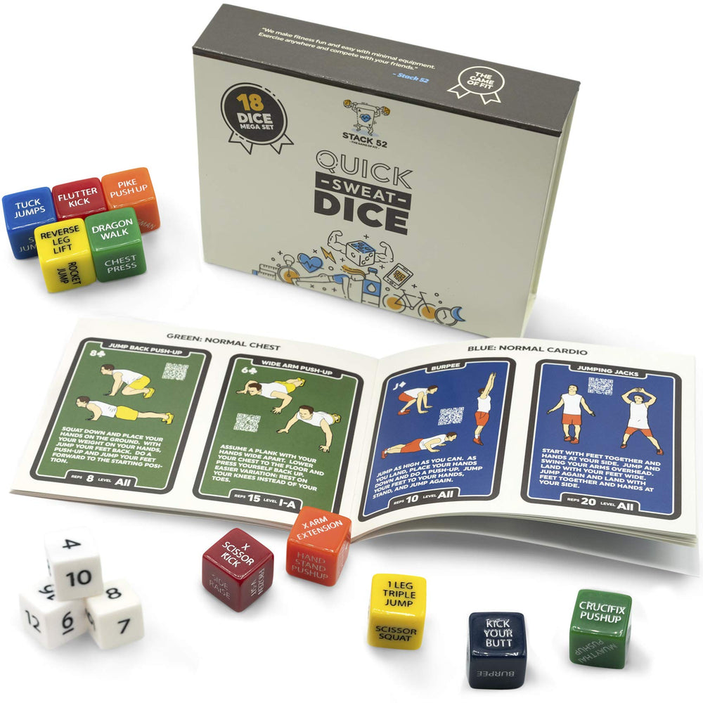 Stack 52 Quick Sweat Dice storage box keeps sets organized for home workouts.