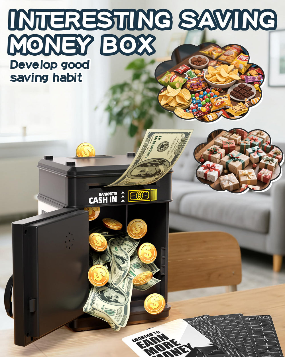 STACTCUTE piggy bank made of eco-friendly ABS plastic; drop-resistant.