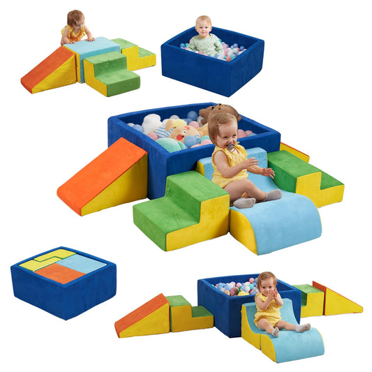 STAOLENE soft foam climbing blocks with ball pit setup for safe toddler play and exploration.
