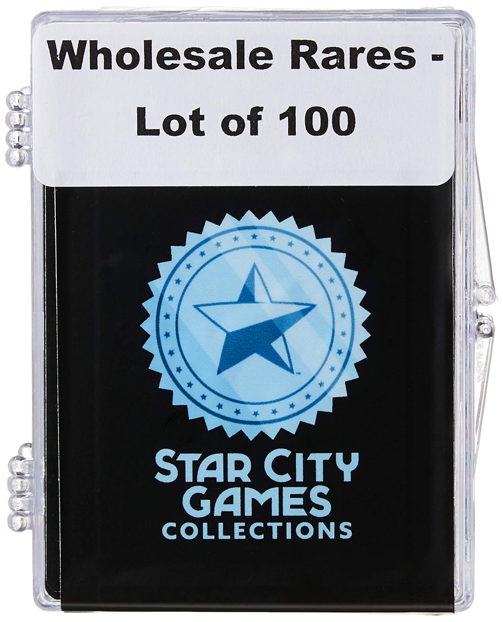 Star City Games 100 assorted MTG rares front view highlights card variety for collection inspiration.