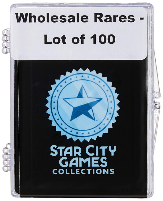 Star City Games 100 assorted MTG rares front view highlights card variety for collection inspiration.